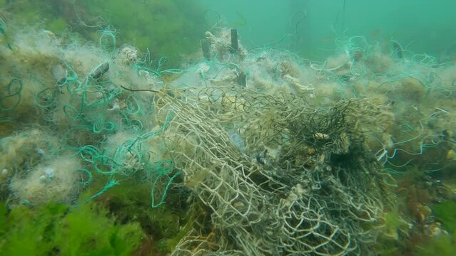 Panorama of lost fishing net lies underwater on the seabed in Black sea, Close-up. Problem of ghost gear - any fishing gear that has been abandoned, lost or otherwise discarded