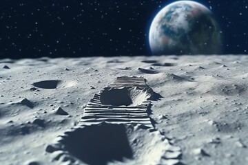 Fototapeta na wymiar Foot making a step on the Moon surface Earth