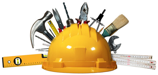 Yellow and orange safety helmet with many work tools isolated on white or transparent background,...