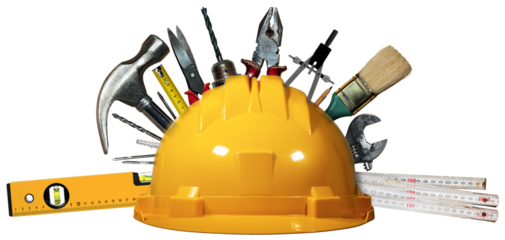 Yellow and orange safety helmet with many work tools isolated on white or transparent background, photography. Png.