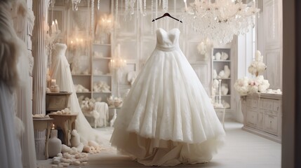 Fototapeta na wymiar A lace wedding dress inside a bridal shop wallpaper