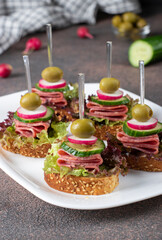 Canape with sausage, radish, cucumber and olives on white plate