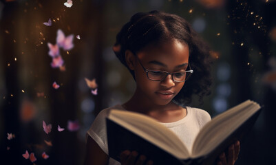 Fantasy, book and imagination with black girl and reading for fairytale, education and learning. Ai generated, inspiration and butterfly with kid and study for youth, night and child development