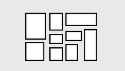 Set of vector photo frame. mockup design. blank frame set hanging on a wall. sheets for a notes. set realistic photo card