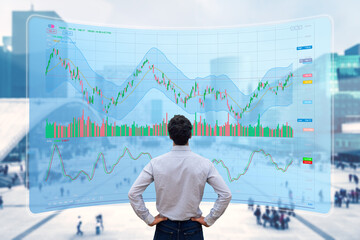 Stock exchange trading data and financial investment. Person using online trading interface with charts and statistics on VR computer screen to analyze ETF and ticker price evolution. Sell or buy.