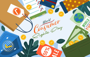 World Consumer Rights Day, shopping symbol with hand rights design for banner, poster, vector illustration.