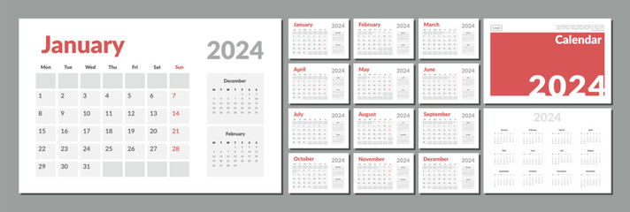 2024 Calendar Planner Template. Vector layout of a wall or desk simple calendar with week start Monday. Calendar grid in grey color for print