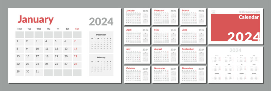 2024 Calendar Planner Template. Vector layout of a wall or desk simple calendar with week start Monday. Calendar grid in grey color for print