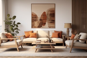 Spacious living room with a close-up of a luxurious sofa, modern coffee table, natural plants and chic wall art