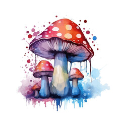 Watercolor magic mushroom on white background