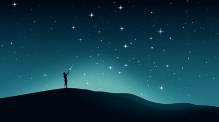 A minimalist graphic of a person reaching for a star in a night sky, symbolizing aspirations and dreams| generative ai