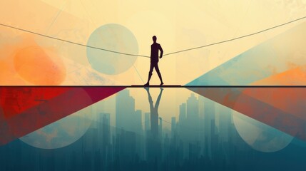 Graphic representation of a person walking on a tightrope, balancing work and life | generative ai