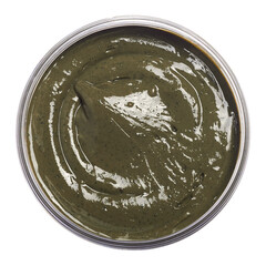 Natural cosmetic face and hair mask from french green clay with dried plants and herbs, rich smooth texture isolated on white background. Skin clay healing mud with essential oils, close up.