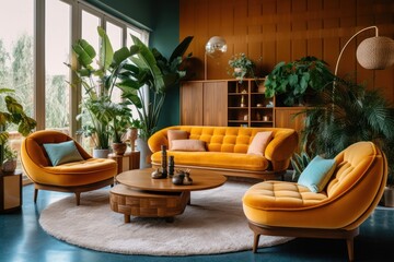 Elegant living room with a close-up of a comfortable sofa, area rug, and mid-century modern furniture