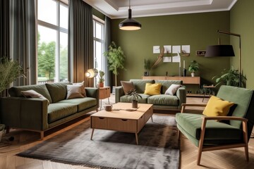 Naklejka na ściany i meble Stylish living room featuring a close-up of a sofa with rich textures, indoor plants, and elegant lighting