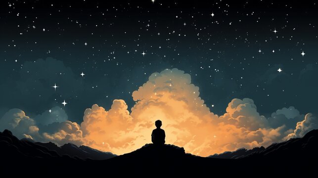 Minimalist portrayal of a person sitting on a cloud, gazing at the stars, representing wonder and contemplation | generative ai