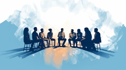 Simple illustration of a group of people sitting in a circle, engaging in a meaningful conversation - obrazy, fototapety, plakaty