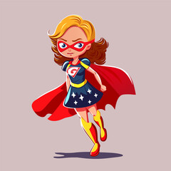 Super girl. Little girl dressed as a superhero wearing a red mask and a red cloak. Vector illustration