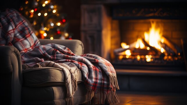 Cozy chair by a warm fireplace, Christmas holidays