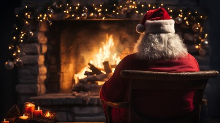 Santa Claus sitting in a cozy chair beside a crackling fireplace © Evgeny Karandaev