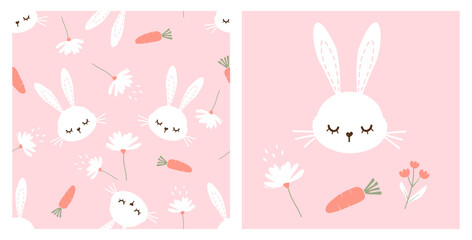 Seamless pattern with bunny rabbit cartoons, carrot  and daisy flower on pink background vector illustration. Cute childish print.