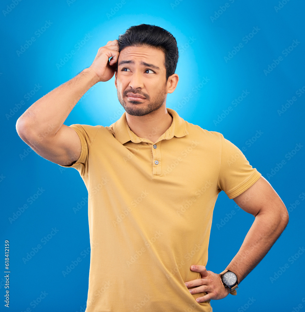 Aufkleber thinking, studio ideas and man brainstorming solution, problem solving plan or strategy development.