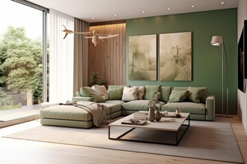 Modern living room showcasing a chic sofa close-up, sleek design, and hardwood floors - 618412375