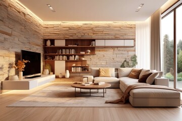 Fototapeta premium Modern living room showcasing a chic sofa close-up, sleek design, and hardwood floors