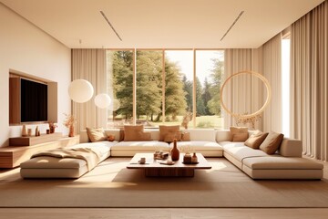 Fototapeta premium Modern living room showcasing a chic sofa close-up, sleek design, and hardwood floors