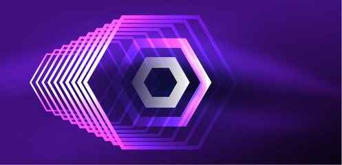 Hexagon abstract background. Techno glowing neon hexagon shapes vector illustration for wallpaper, banner, background, landing page, wall art, invitation, prints, posters