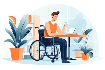  illustration of an office with man disabled, concept of social inclusion,. High quality illustration