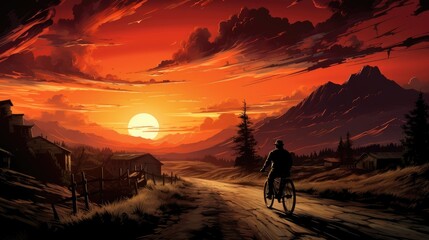 At sunset, a man rides a bicycle downhill. (Illustration, Generative AI)