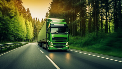 Green truck crossing the road in the middle of the forest.