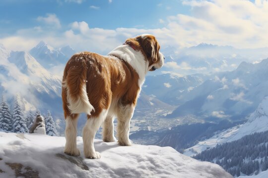A Saint Bernard dog overlooking a Swiss alpine