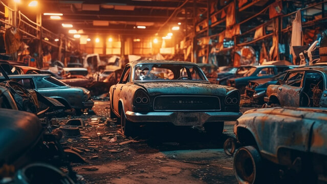 Junkyard full of rusty cars.