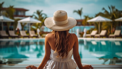 Fototapeta premium Woman is relaxing, woman wearing white dress sitting by the pool inside a resort hotel.