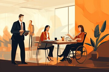 illustration of two girls in wheelchairs in a restaurant, social inclusion concept,. High quality illustration