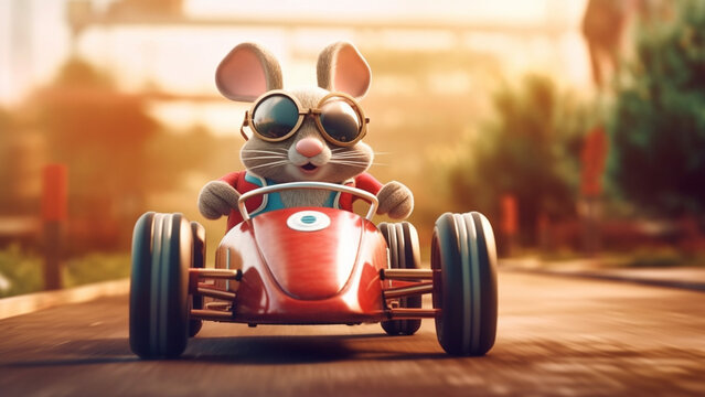 Rabbit with race glasses drives with high speed in vintage red pedal car.