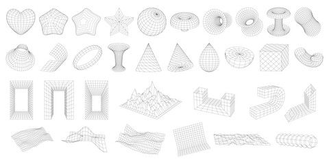 Set of wireframe 3D geometric shapes. Abstract figures, Distorted mesh grids. Mountains, Cone, distorted planes, arcs, black holes, globe. Graphic design elements isolated on white. Editable strokes.