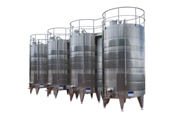Modern steel clear wine tanks isolated on white background, with clipping path. Full Depth of field. Focus stacking. PNG