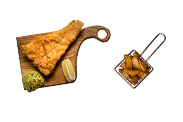 Fish and chips with french fries isolated on white background. Clipping Path. Full Depth of field. Focus stacking. Top view