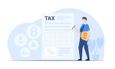 Young trader calculates taxes on cryptocurrency trading payable to government.