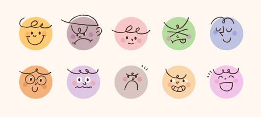 Cute people facial expression icons. A collection of simple face stickers drawn with pencil lines in a circle. - Powered by Adobe