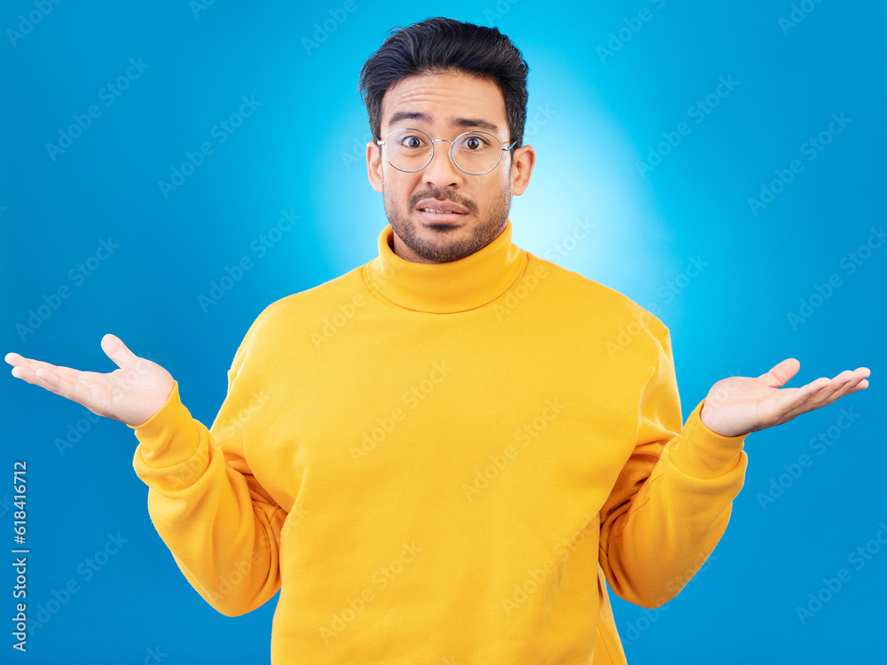 Aufkleber confused, shrug and portrait of a man in a studio with an unsure, doubt or question expression. unce