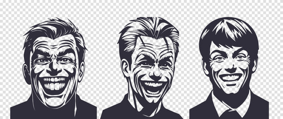 Vector set of monochrome graphic portraits of strange men with a crazy smile. Stickers or icons. Isolated background.