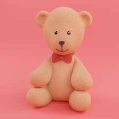 Soft teddy bear sitting, knitted toy, red bow tie, friendly smile