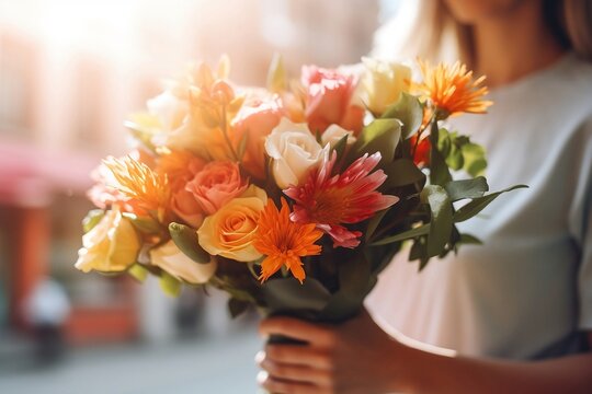 Close up of a woman holding a colorful bouquet of flowers - created with Generative Ai technology