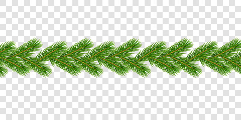 Christmas branch border 3D. Green garland isolated white transparent background. Template texture holiday banner, decoration, invitation, New Year card. Elegant realistic design Vector illustration © alona_s