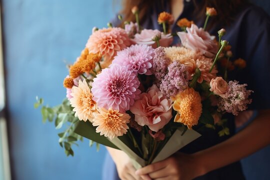 Close up of a woman holding a colorful bouquet of flowers - created with Generative Ai technology