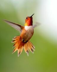 Vertical selective focus shot of an orange hummingbird in flight